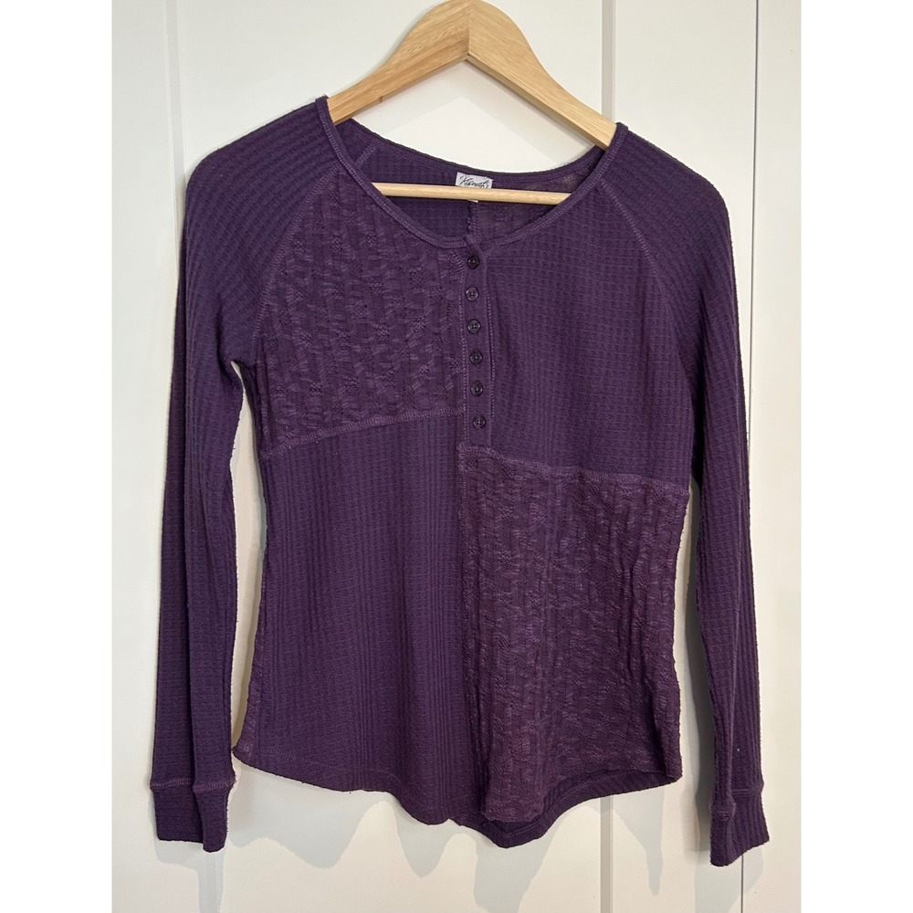 Kismet Womens Purple Mixed Media Patchwork Waffle Knit Henley Top S Y2K